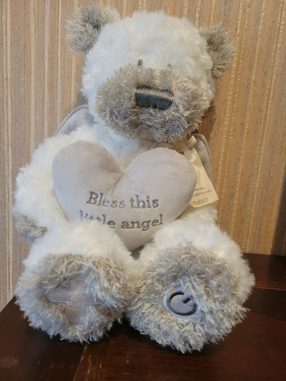 Demdaco Guardian Angel Bear White and Gray Musical Plush Holding Heart
